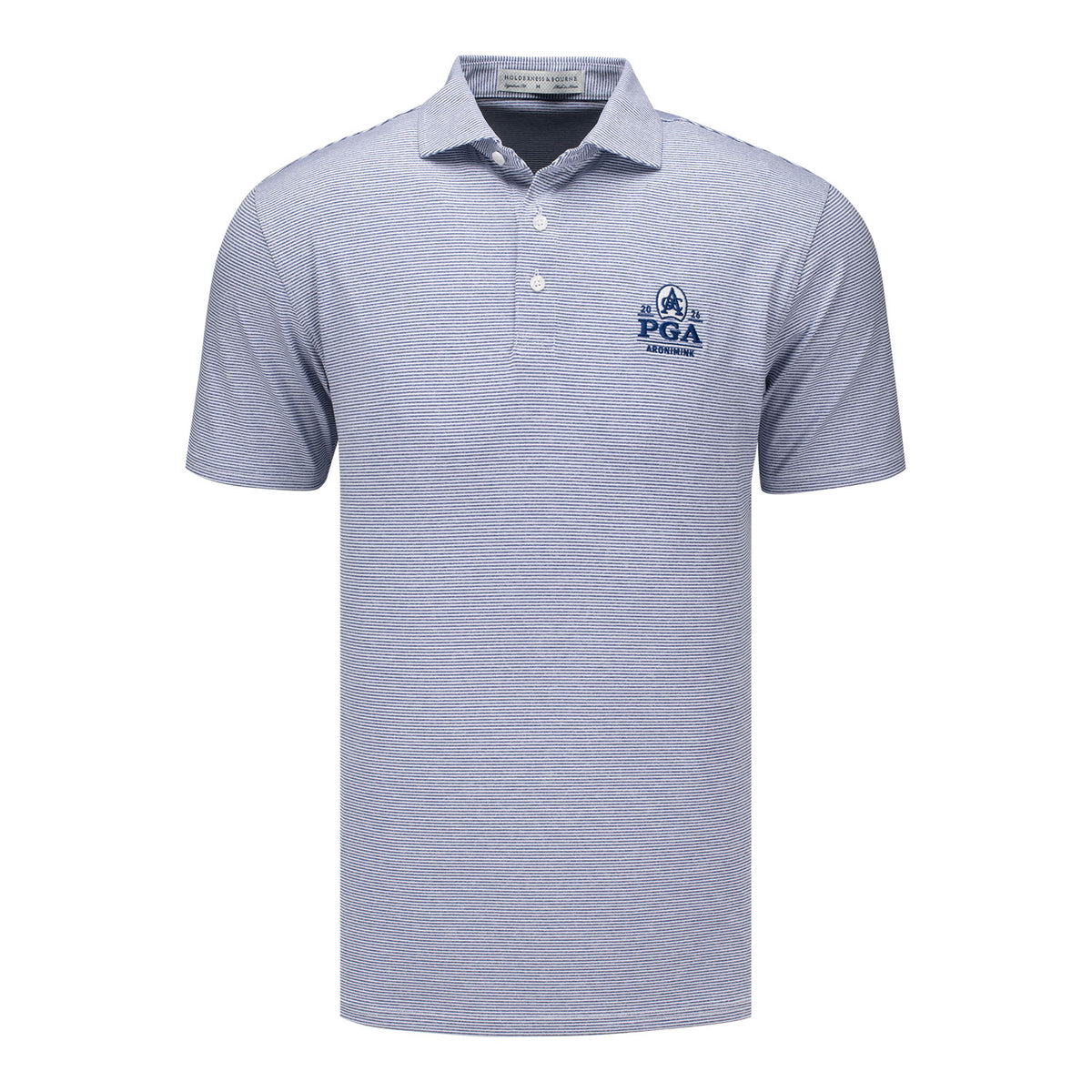 HOLDERNESS & BOURNE 2026 PGA CHAMPIONSHIP PERKINS STRIPE POLO IN HEATHERED ANDOVER AND WHITE - PAG
