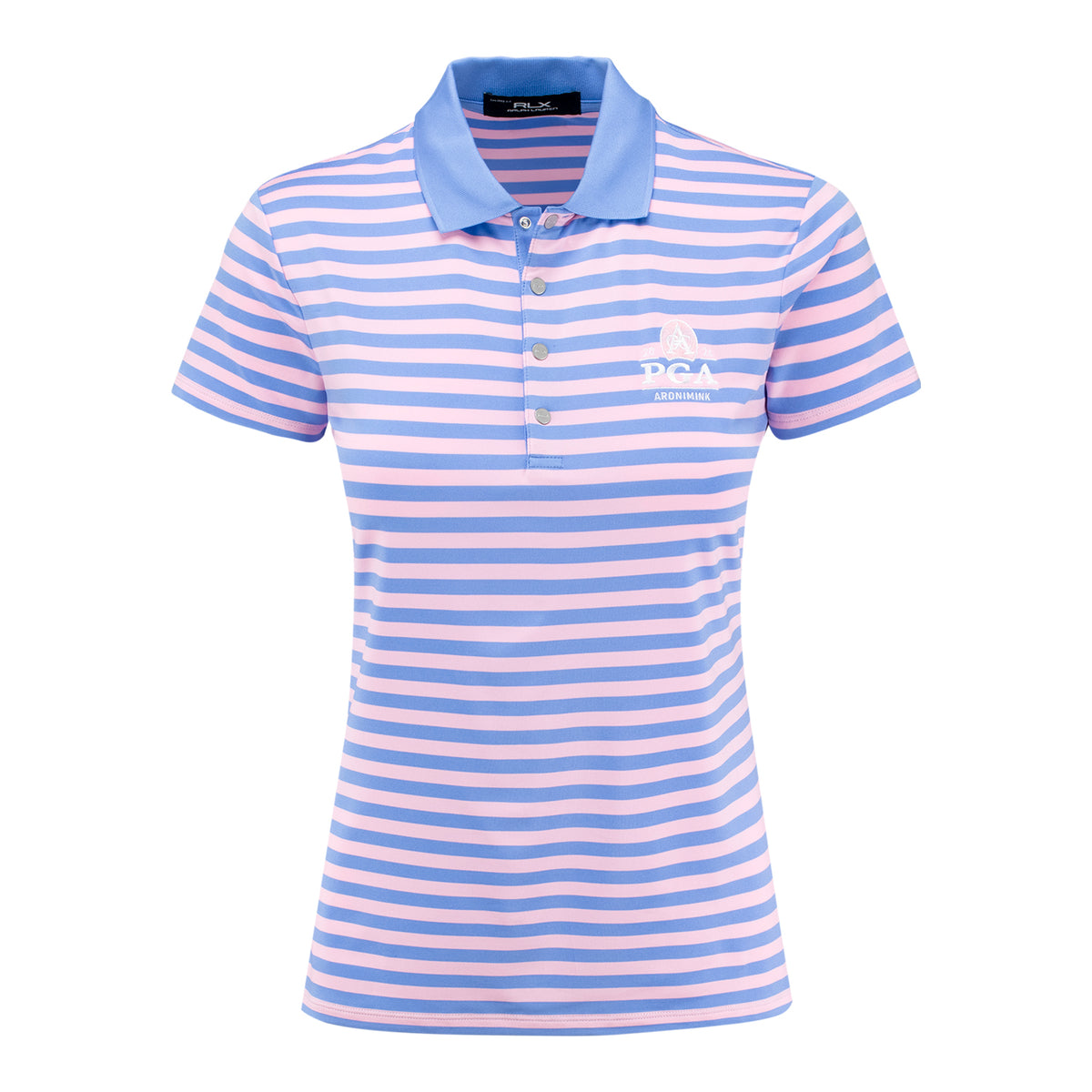 RALPH LAUREN 2026 PGA CHAMPIONSHIP WOMEN’S LIGHTWEIGHT AIRFLOW 4-SNAP PLACKET STRIPE POLO IN BLUE MIST AND LIGHT PINK - PAG